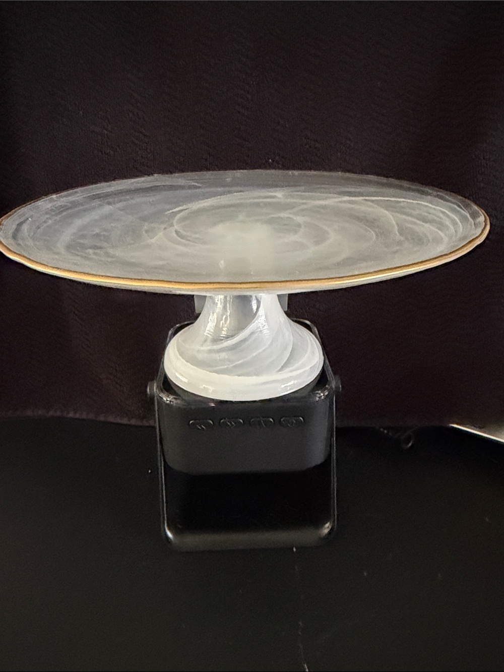 Swirled White Alabaster Glass Pedestal Cake Stand with Gold Trim